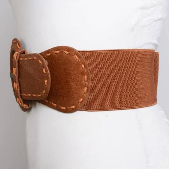 New Fall Tan Brown Wide Distressed look Cinch Strech Belt Boho Trendy Big buckle - Picture 2 of 2